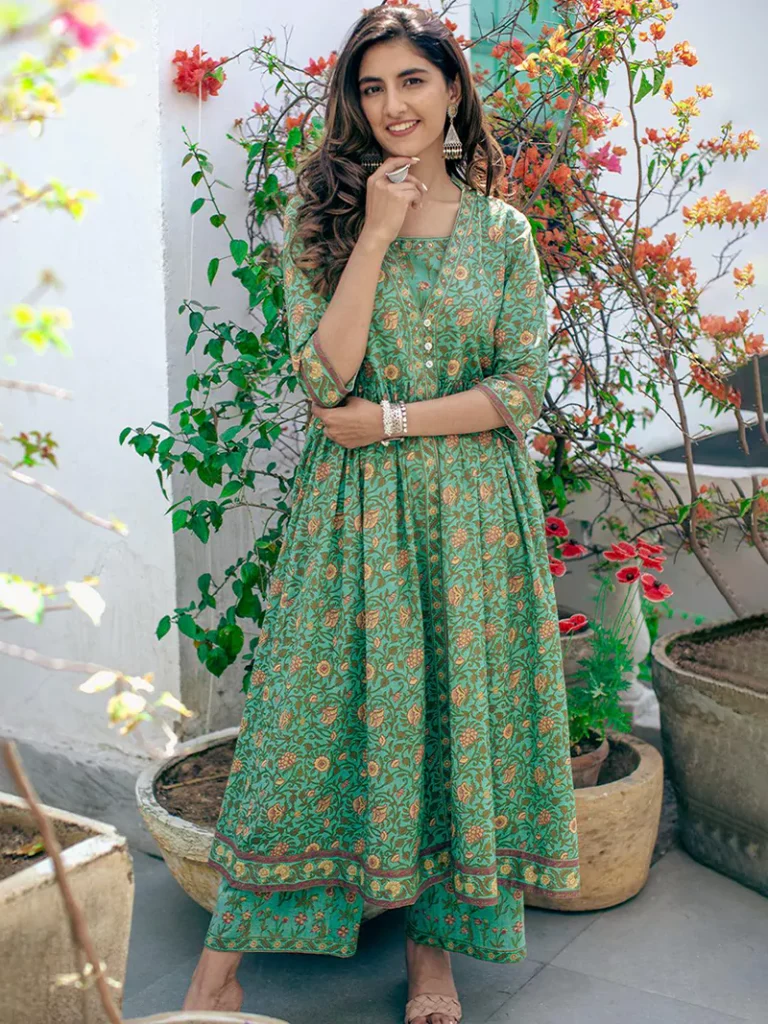 Green Cotton Anarkali Kurta with Palazzos