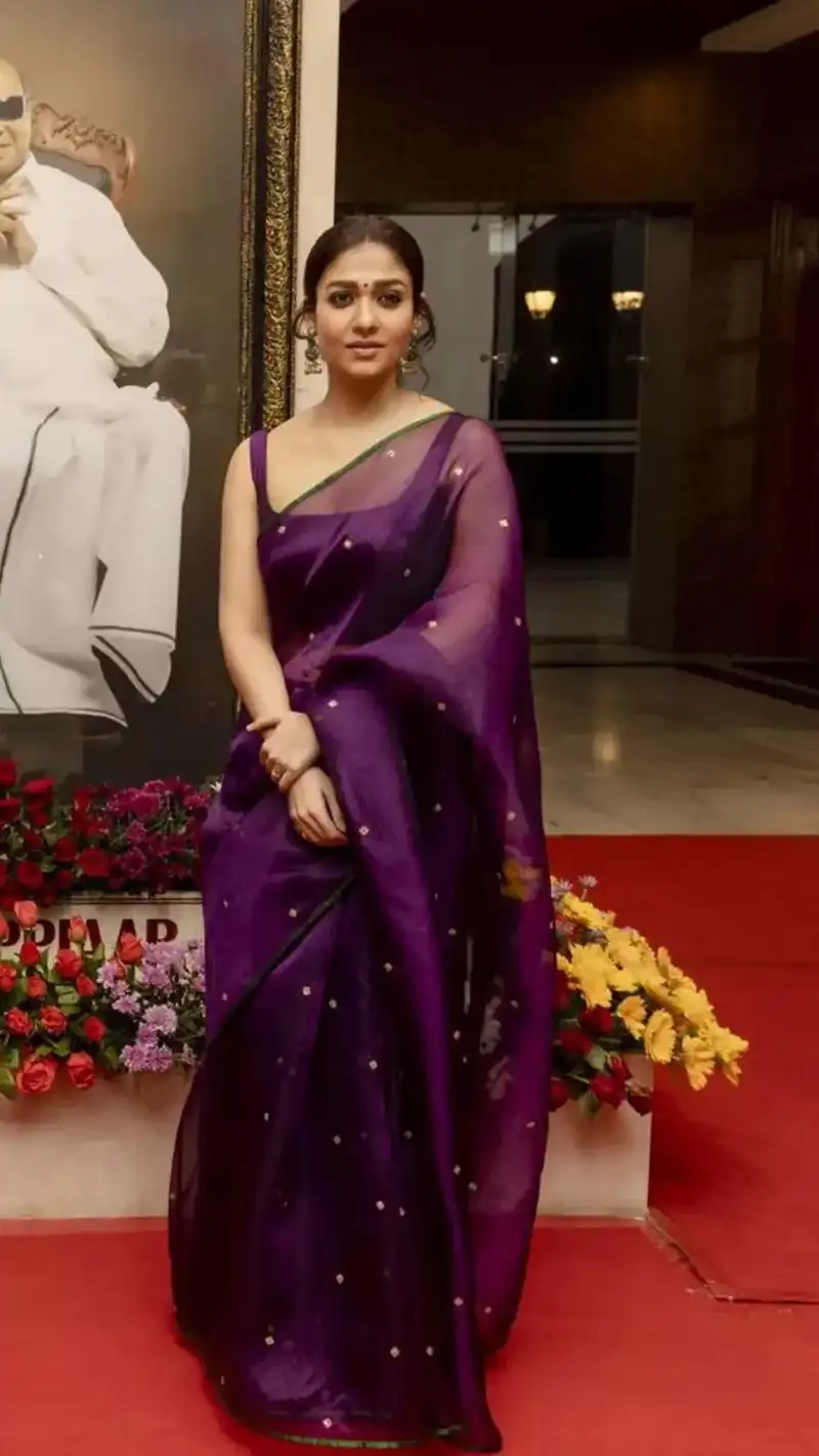 Purple Organza Saree of Nayanthara with Boat Neck Blouse